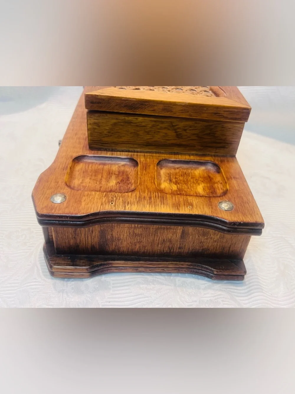 Vtg Wood Jewelry Chest Box Dresser Top Trinket Wicker Retro Multiple Compartment